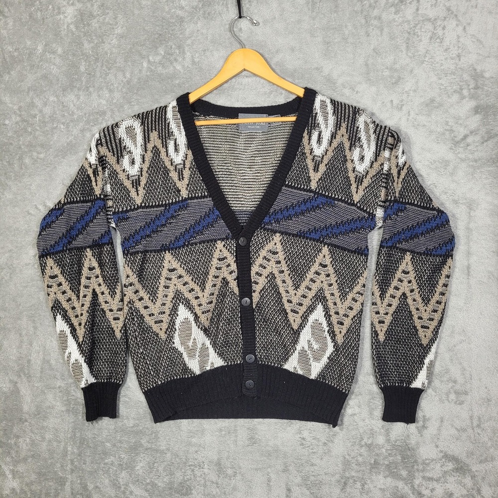 Vintage Alvin Josef Sweater Mens Medium Black Beige Blue Aztec Cardigan 80s 90s